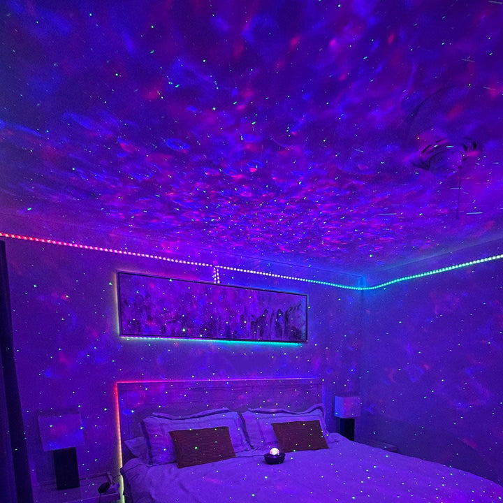 Mood light Star Projector enhancing room ambiance for relaxation or home theater.