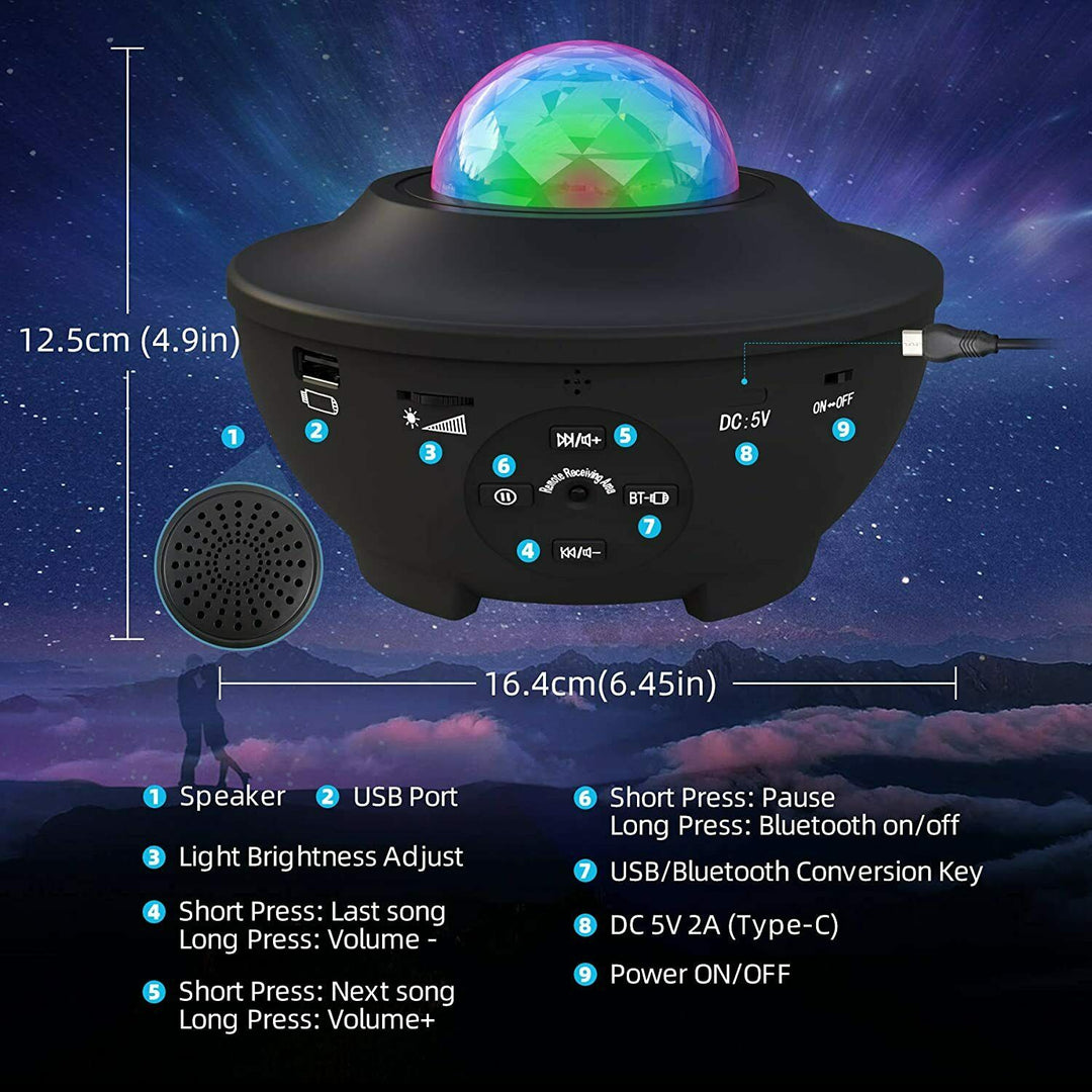 Portable Galaxy Projector with USB recharge & Bluetooth speaker for celestial room decor.