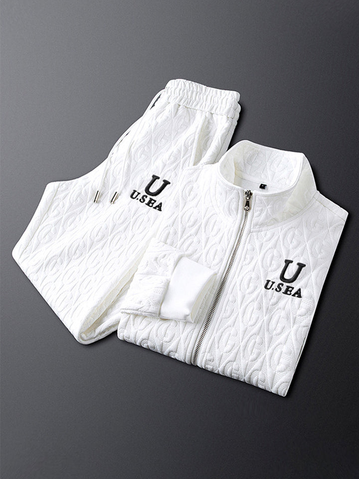 Men's Cable-Knit Tracksuit Set with Full-Zip Jacket & Pants