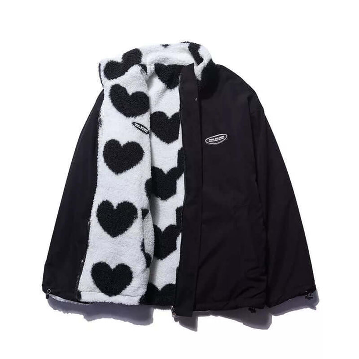 Reversible Heart-Print Coat with Plush Fleece Lining