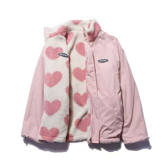 Reversible Heart-Print Coat with Plush Fleece Lining