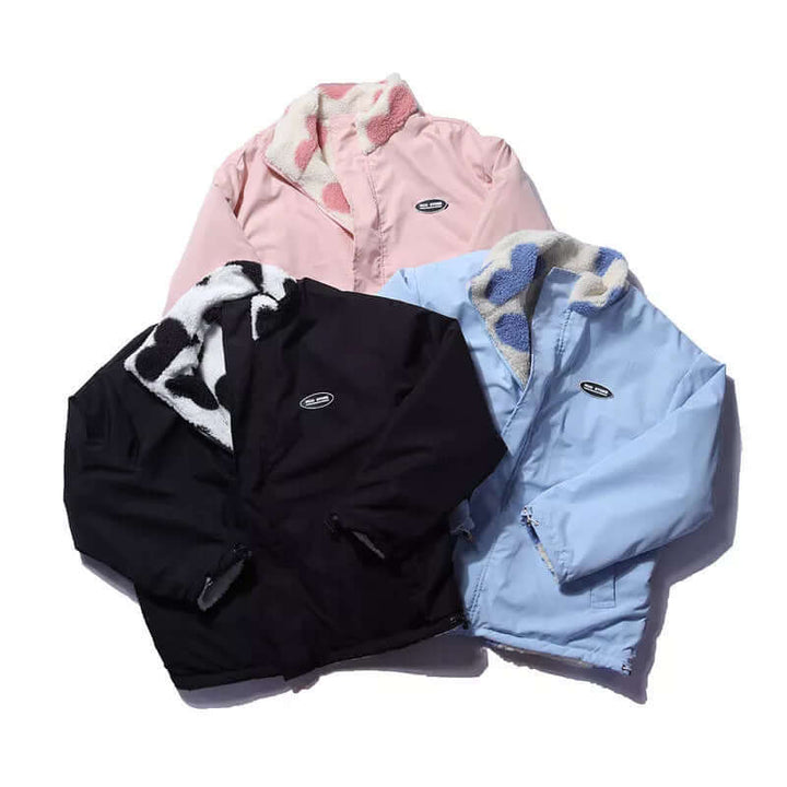 Reversible Heart-Print Coat with Plush Fleece Lining