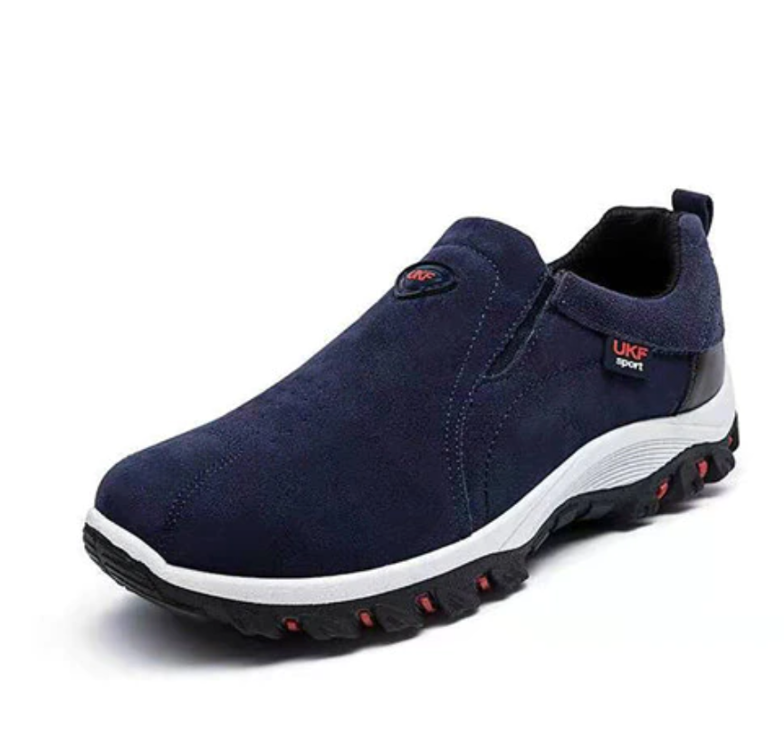 Men's walking shoes with superior arch support for improved foot health and stability.