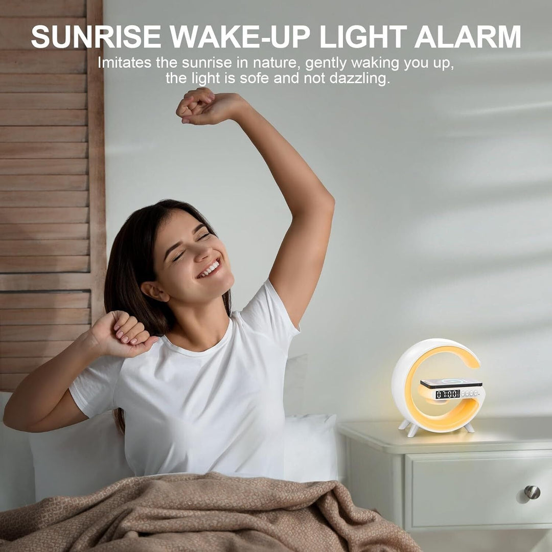 Modern Design Bedside Clock: Smart alarm, wireless charger, Bluetooth speaker & ambiance light.