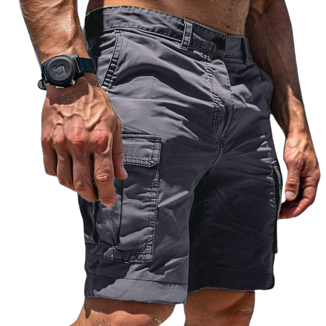 Men's comfortable grey cargo shorts with utility pockets, perfect for casual summer wear.
