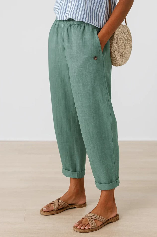 Elegant women's summer trousers with elastic waist, breathable fabric, and comfortable relaxed fit.