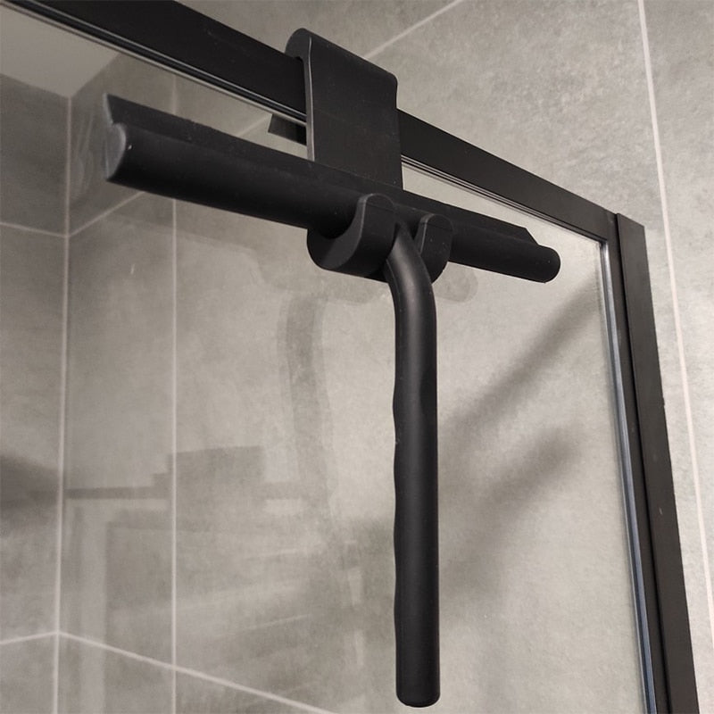 A sleek, modern shower squeegee with a convenient hook for streak-free bathroom glass and tile cleaning.