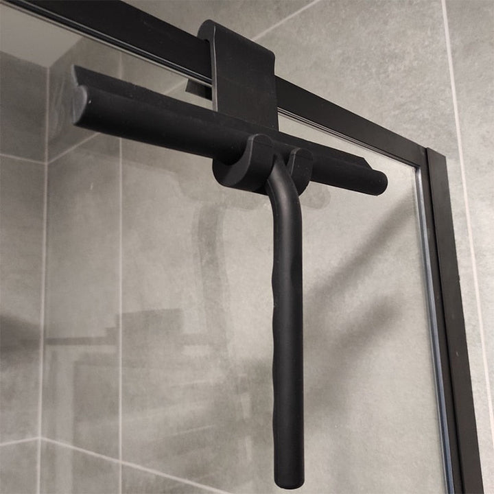 A sleek, modern shower squeegee with a convenient hook for streak-free bathroom glass and tile cleaning.