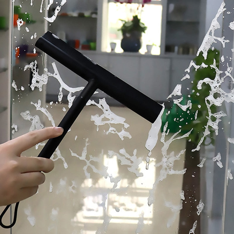 Durable shower squeegee, ideal for removing water spots and streaks from shower walls, glass, and bathroom tiles. Comes with hook.