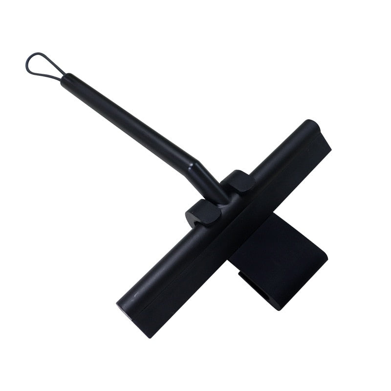Multi-surface shower squeegee with integrated hook, perfect for streak-free cleaning of bathroom glass, tile, and mirrors.