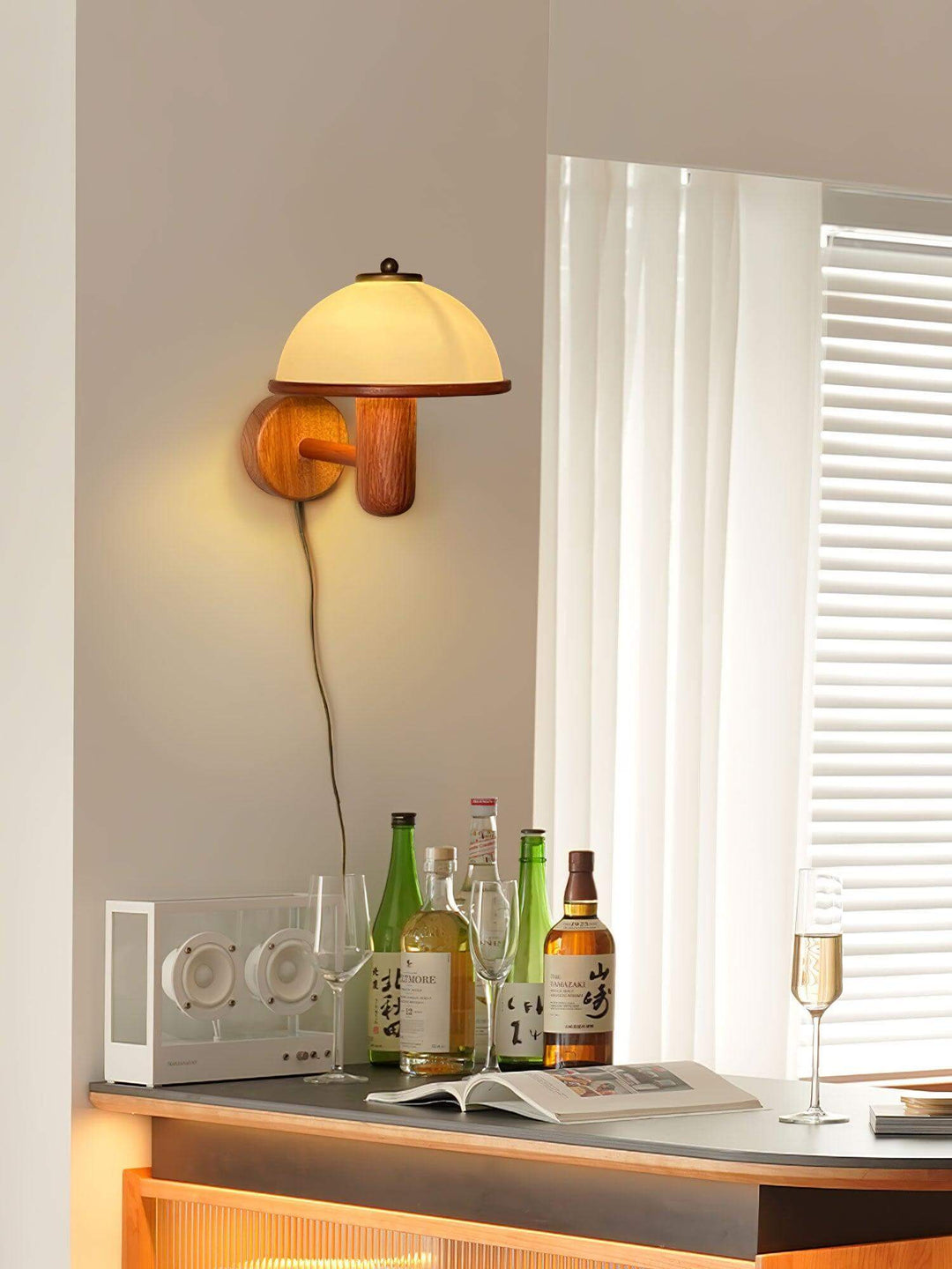 Oak Wood Mushroom Wall Light with White Shade