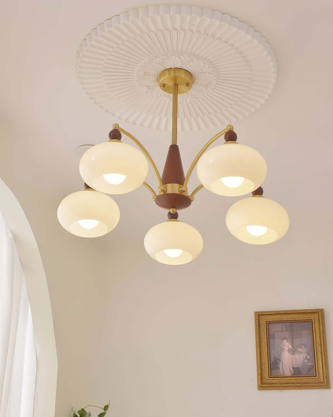 Retro Wood & Brass Chandelier