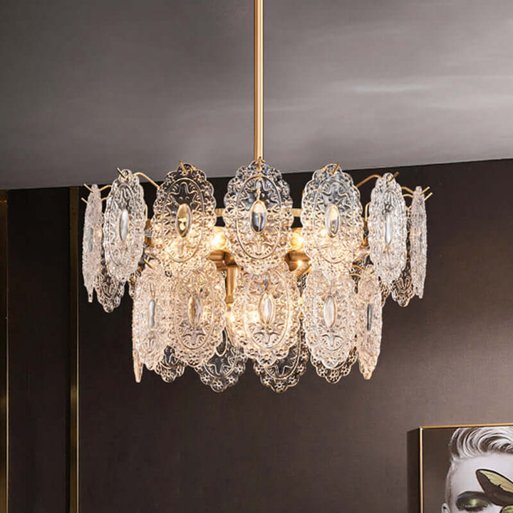 Crystal Panel Chandelier, Embossed Lighting Fixture