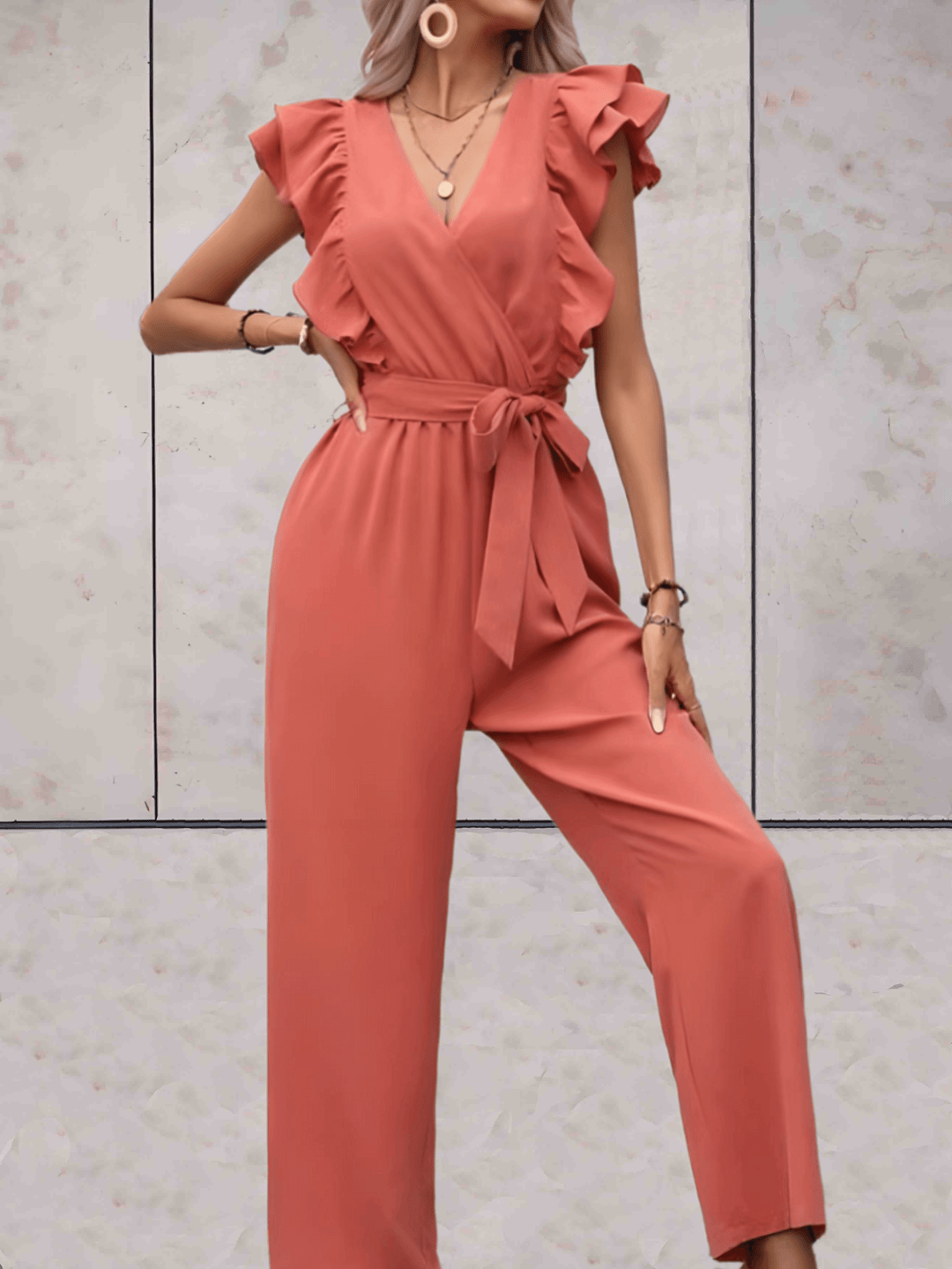 Women's Ruffle Sleeve V-Neck Jumpsuit