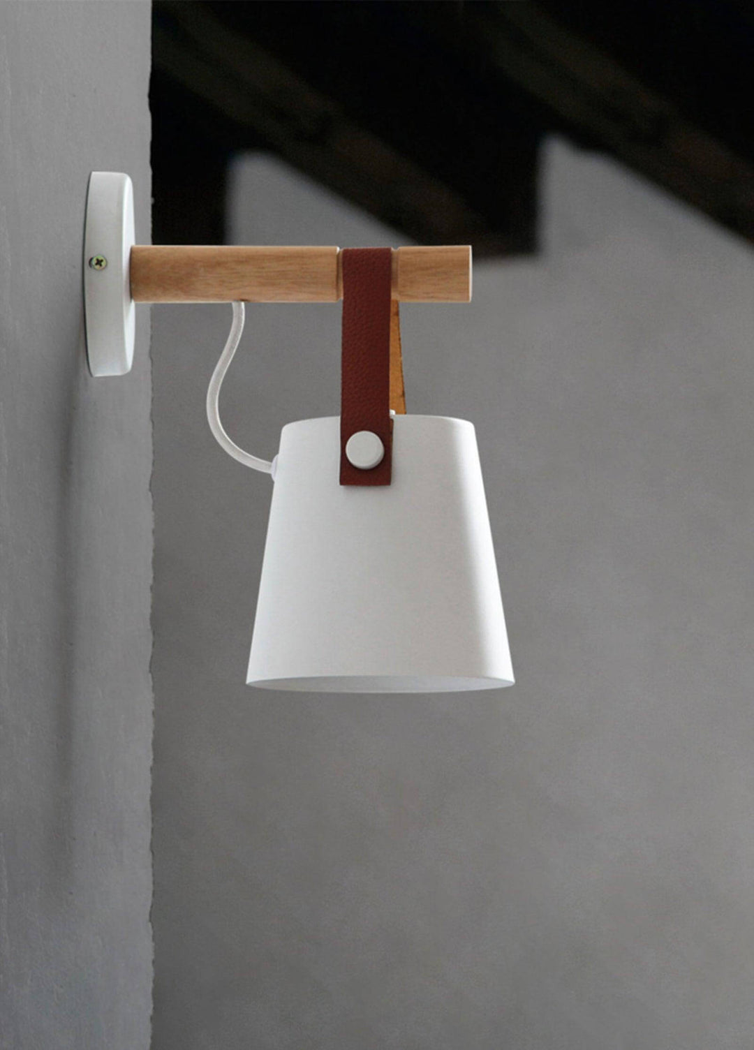 Conical Wooden Wall Light with Leather Strap