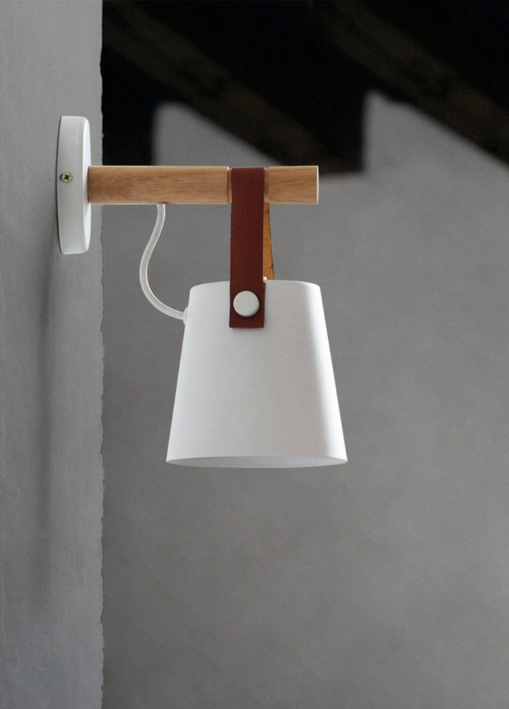 Conical Wooden Wall Light with Leather Strap