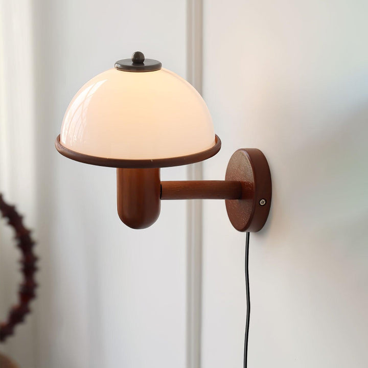 Oak Wood Mushroom Wall Light with White Shade
