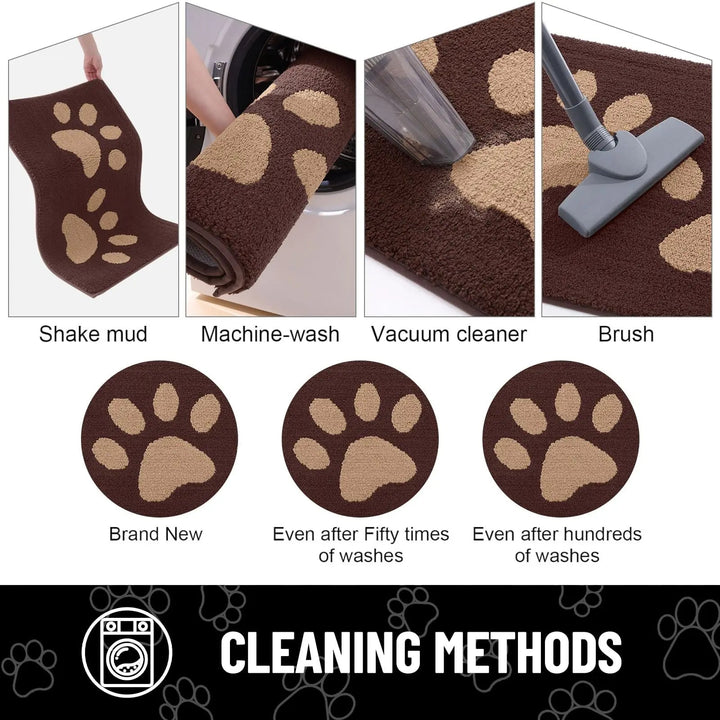 Absorbent dog door mat with non-slip backing, quick drying, chenille texture, ideal for trapping pet paws dirt and moisture.