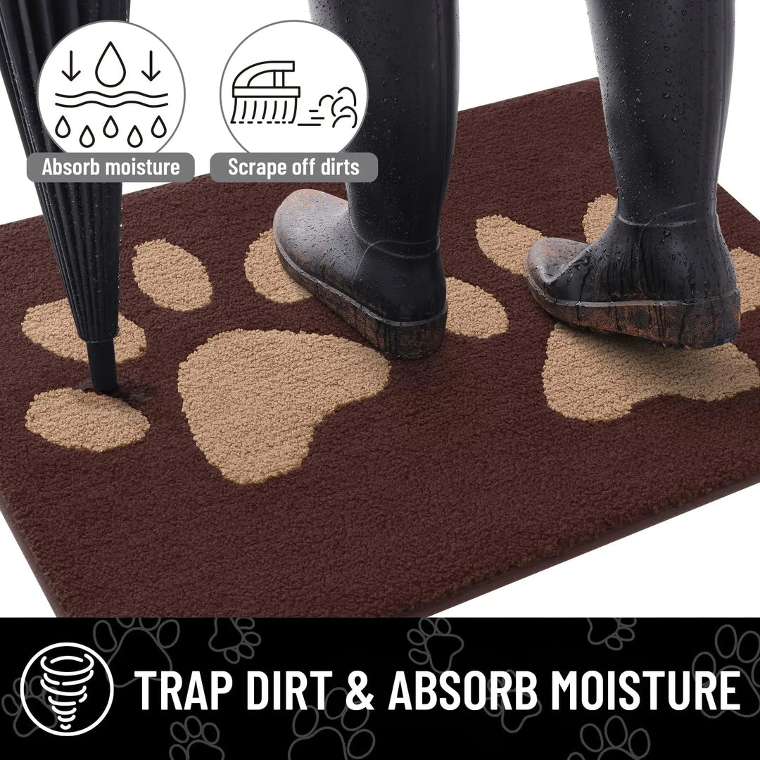 Absorbent dog door mat with non-slip backing, quick drying, chenille texture, ideal for trapping pet paws dirt and moisture.