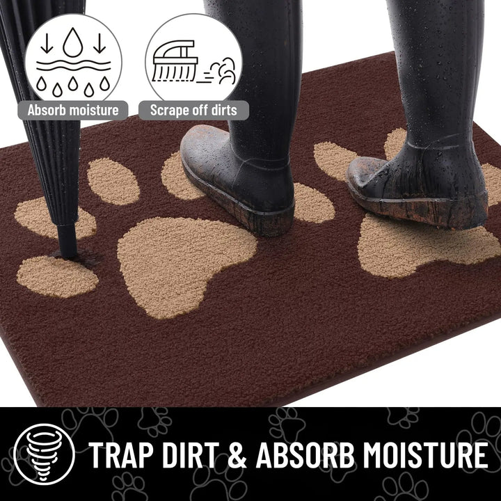 Absorbent dog door mat with non-slip backing, quick drying, chenille texture, ideal for trapping pet paws dirt and moisture.