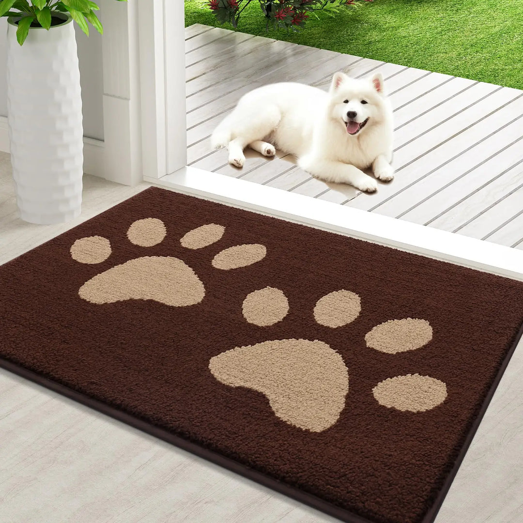Absorbent dog door mat with non-slip backing, quick drying, chenille texture, ideal for trapping pet paws dirt and moisture.