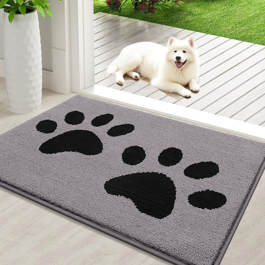 Absorbent dog door mat with non-slip backing, quick drying, chenille texture, ideal for trapping pet paws dirt and moisture.
