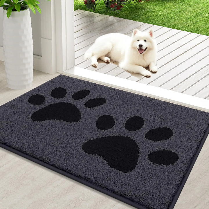 Absorbent dog door mat with non-slip backing, quick drying, chenille texture, ideal for trapping pet paws dirt and moisture.