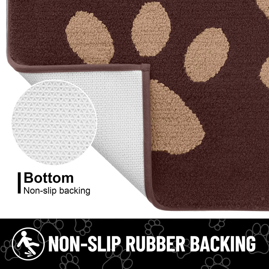 Absorbent dog door mat with non-slip backing, quick drying, chenille texture, ideal for trapping pet paws dirt and moisture.