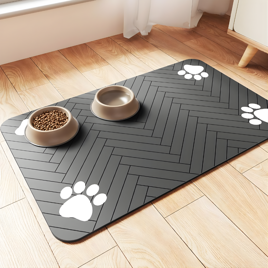 Absorbent pet feeding mat for dog & cat food/water bowls. Protects floors from spills & mess. Easy clean.