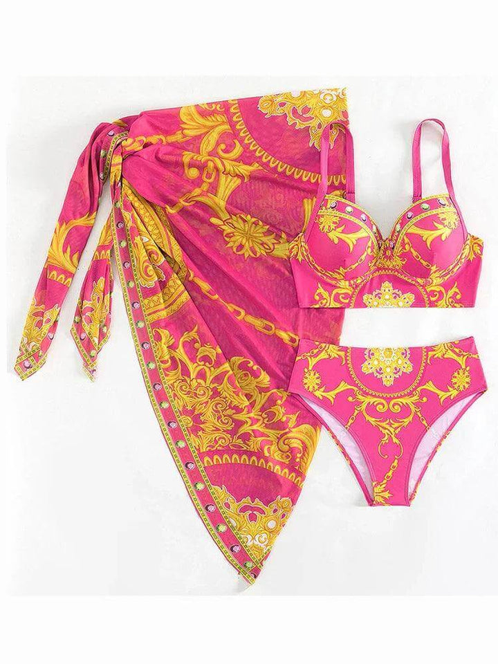 Women's High-Waisted Bohemian Bikini Set with Cover-Up