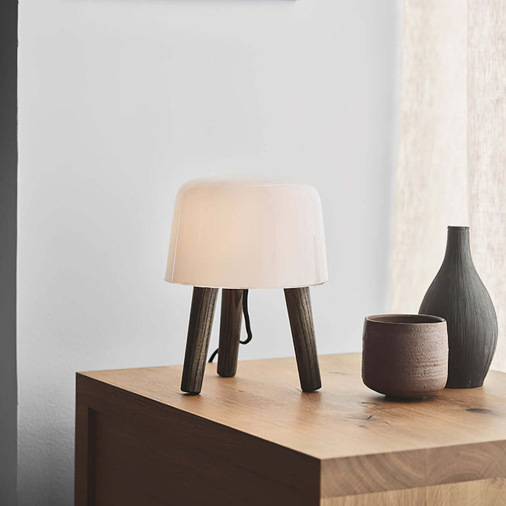 Wooden Tripod Table Lamp with Glass Shade