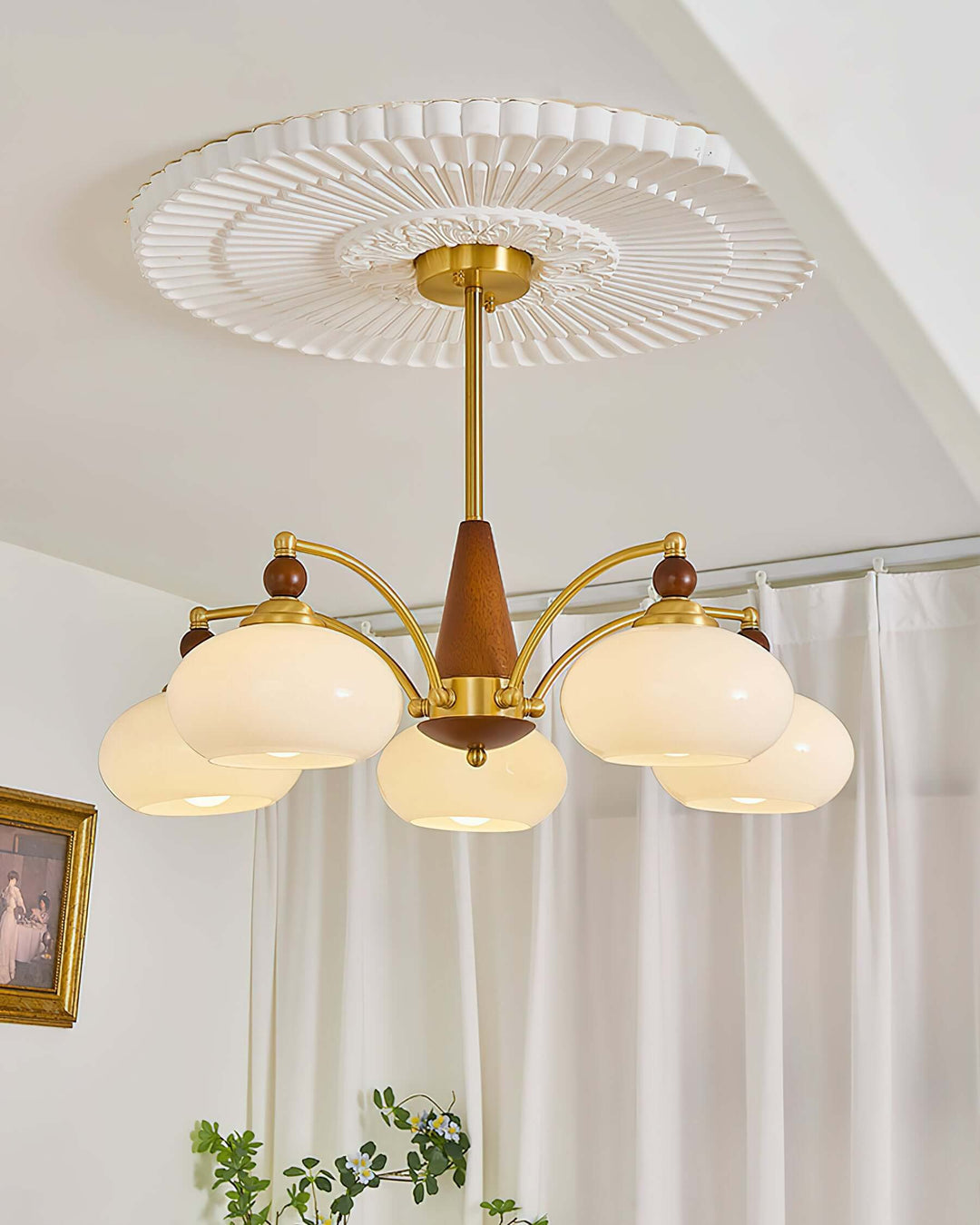 Retro Wood & Brass Chandelier