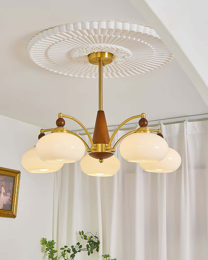 Retro Wood & Brass Chandelier