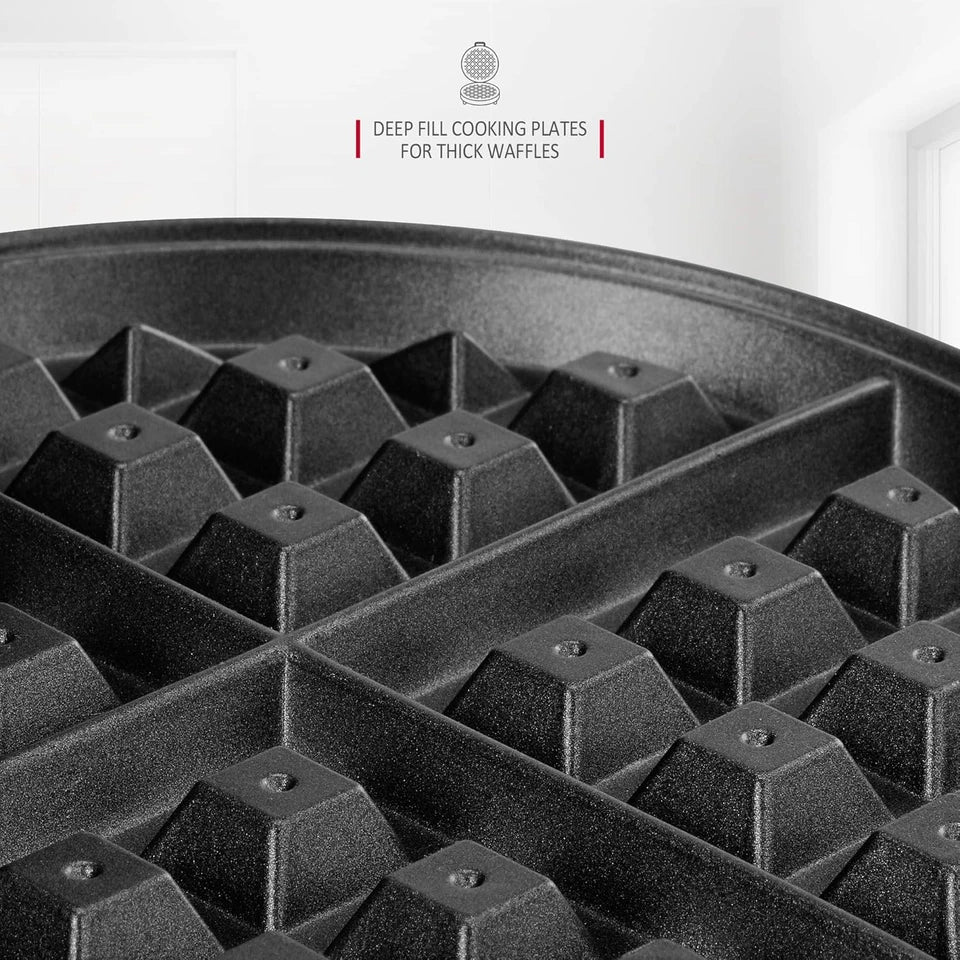 "Adjustable deep-fill non-stick Belgian waffle maker with temperature control, compact design, and easy-to-clean surface."