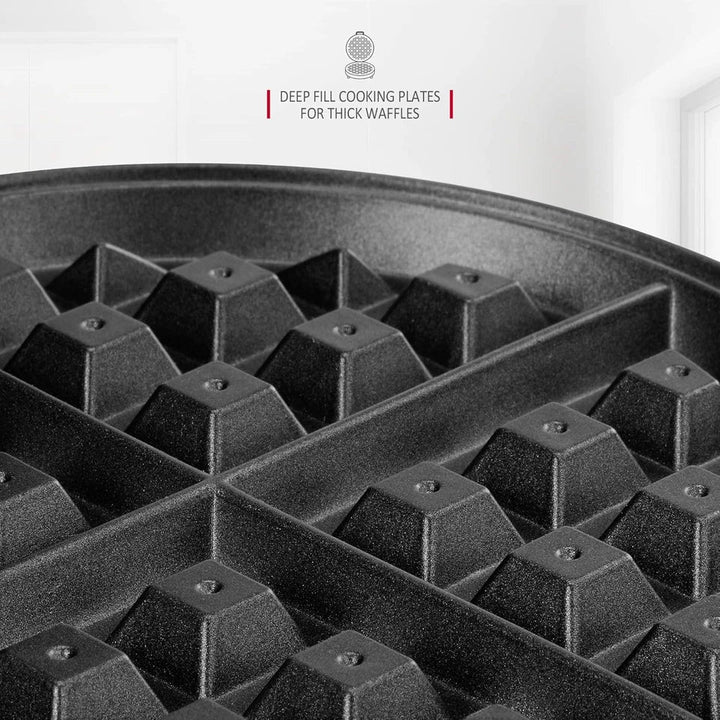 "Adjustable deep-fill non-stick Belgian waffle maker with temperature control, compact design, and easy-to-clean surface."