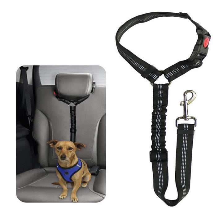 "Adjustable dog car seat belt providing safety, comfort, and tangle-free movement during car rides, easy to install."