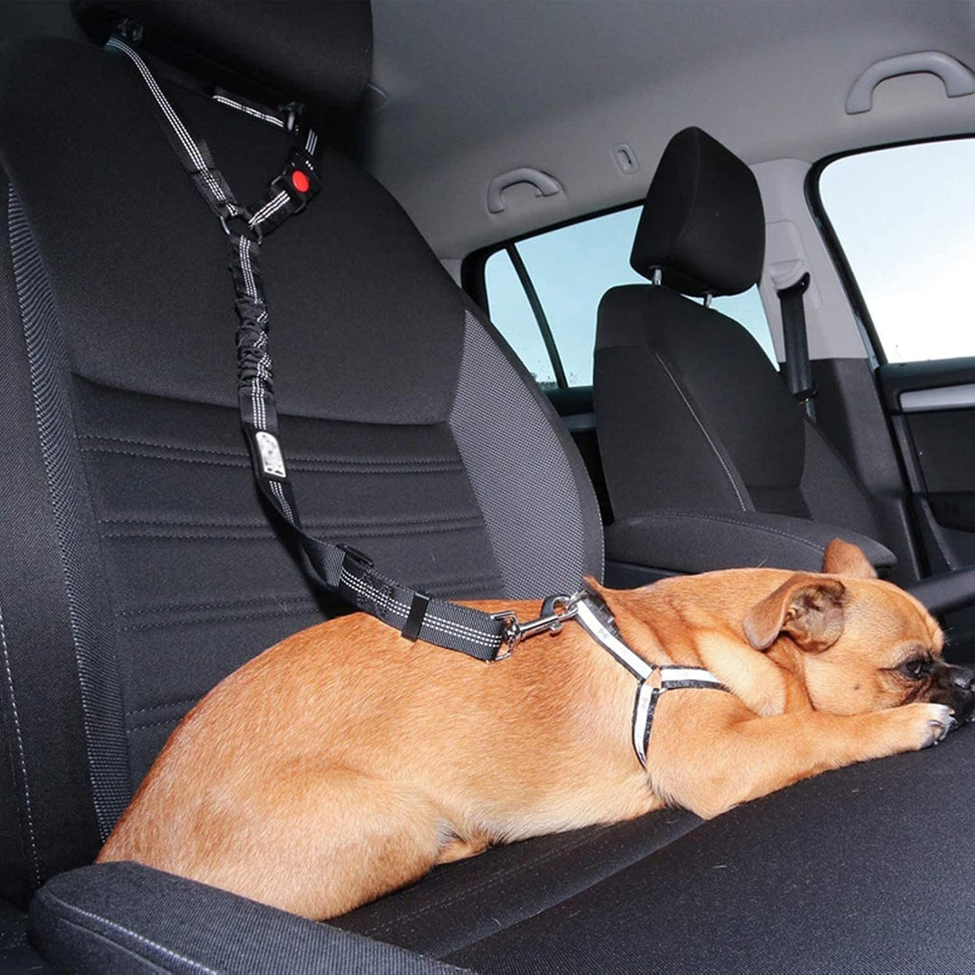 "Adjustable dog car seat belt providing safety, comfort, and tangle-free movement during car rides, easy to install."