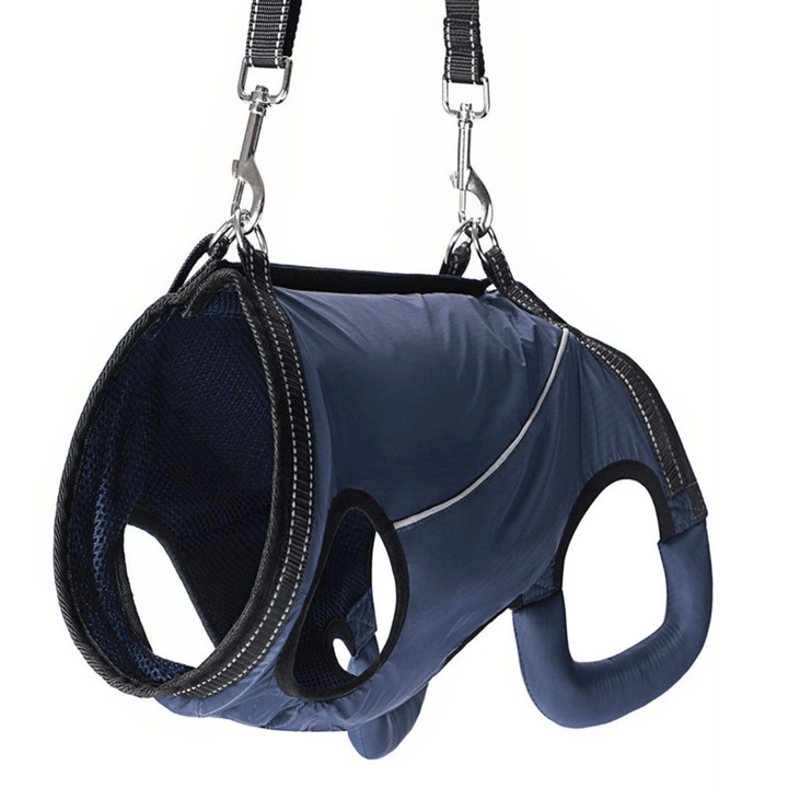 Adjustable dog lift harness for senior pets, full-body support sling, ergonomic design, padded and breathable material.