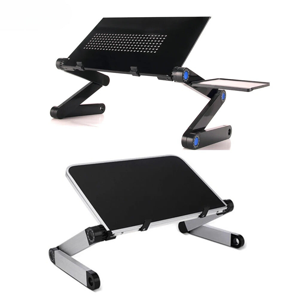 Adjustable ergonomic laptop stand with flexible height and angle. Features venting design, suitable for home or office use.