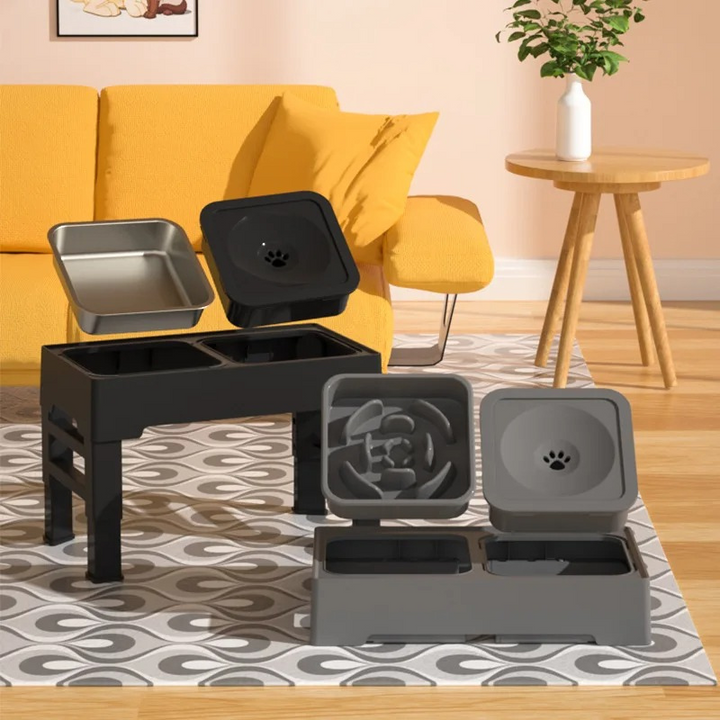 "Adjustable pet feeding station with stainless bowl, slow feeder, ergonomic height settings, durable and dishwasher-safe."