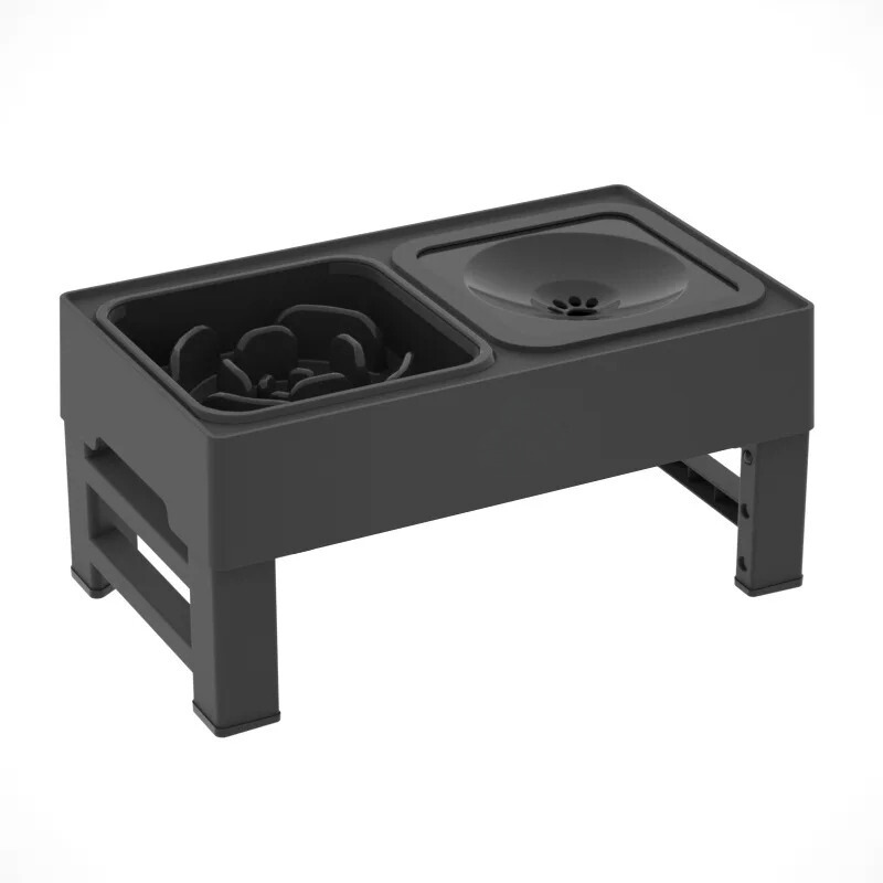 "Adjustable pet feeding station with stainless bowl, slow feeder, ergonomic height settings, durable and dishwasher-safe."