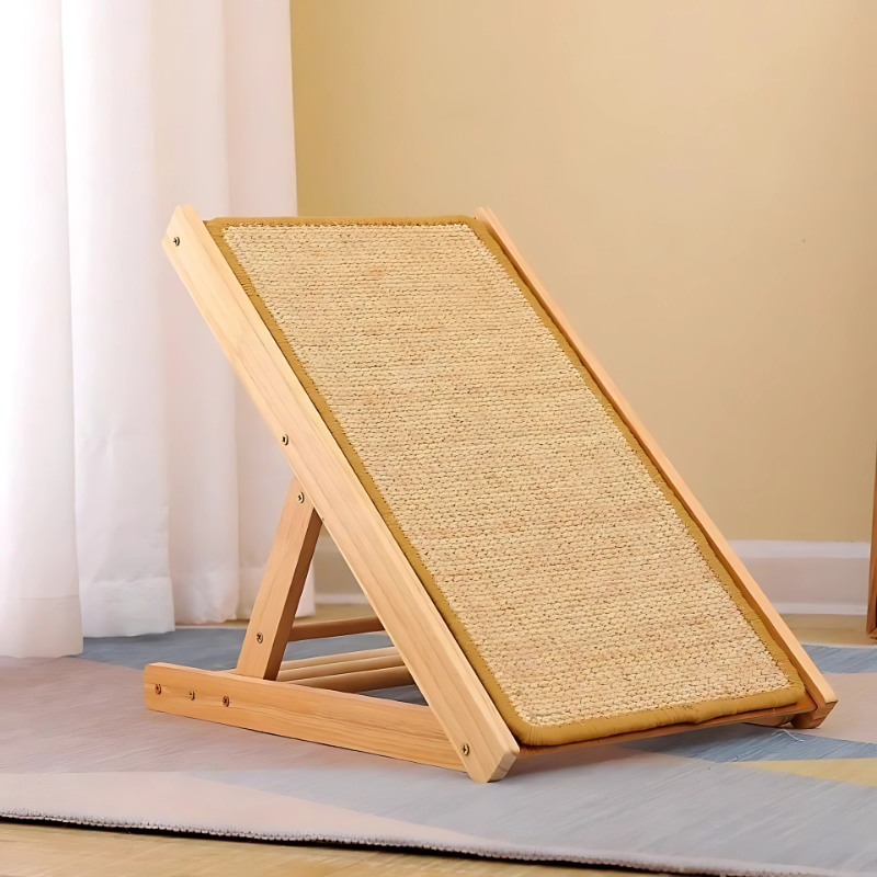 "Adjustable sisal cat scratcher with natural fibers, wooden base, and inclined design for active cats to protect furniture."