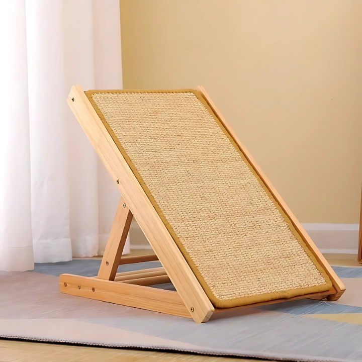 "Adjustable sisal cat scratcher with natural fibers, wooden base, and inclined design for active cats to protect furniture."