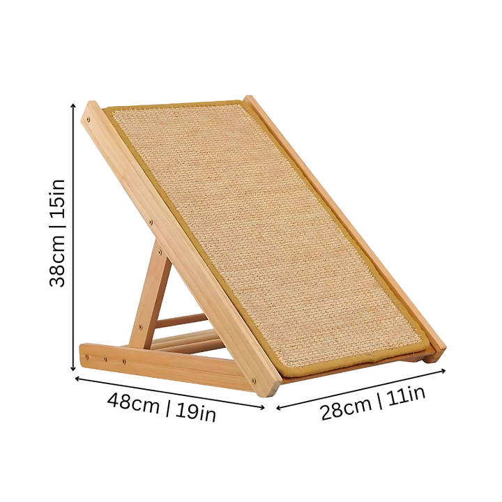 "Adjustable sisal cat scratcher with natural fibers, wooden base, and inclined design for active cats to protect furniture."