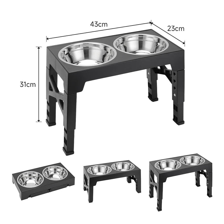 "Adjustable tilt raised dog bowl stand with stainless and slow-feed bowls, ergonomic design for comfortable pet feeding."
