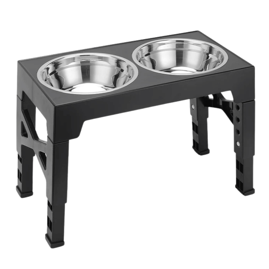 "Adjustable tilt raised dog bowl stand with stainless and slow-feed bowls, ergonomic design for comfortable pet feeding."