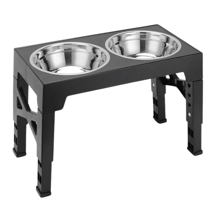 "Adjustable tilt raised dog bowl stand with stainless and slow-feed bowls, ergonomic design for comfortable pet feeding."