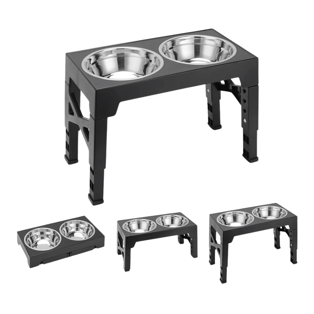 "Adjustable tilt raised dog bowl stand with stainless and slow-feed bowls, ergonomic design for comfortable pet feeding."
