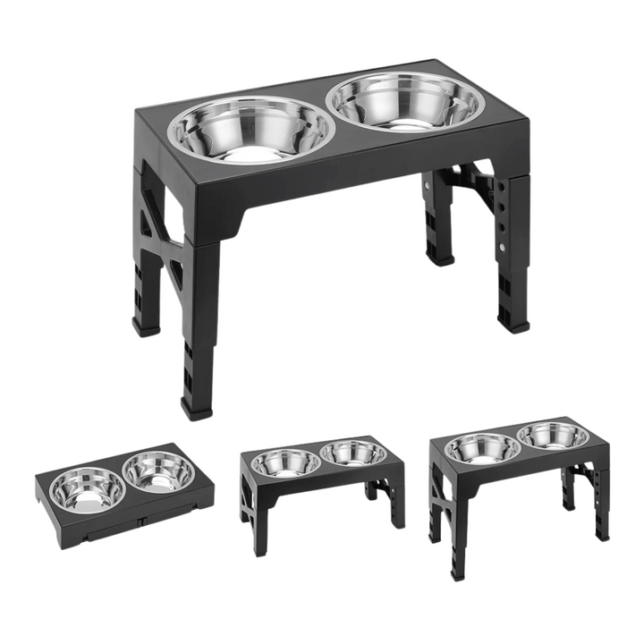 "Adjustable tilt raised dog bowl stand with stainless and slow-feed bowls, ergonomic design for comfortable pet feeding."
