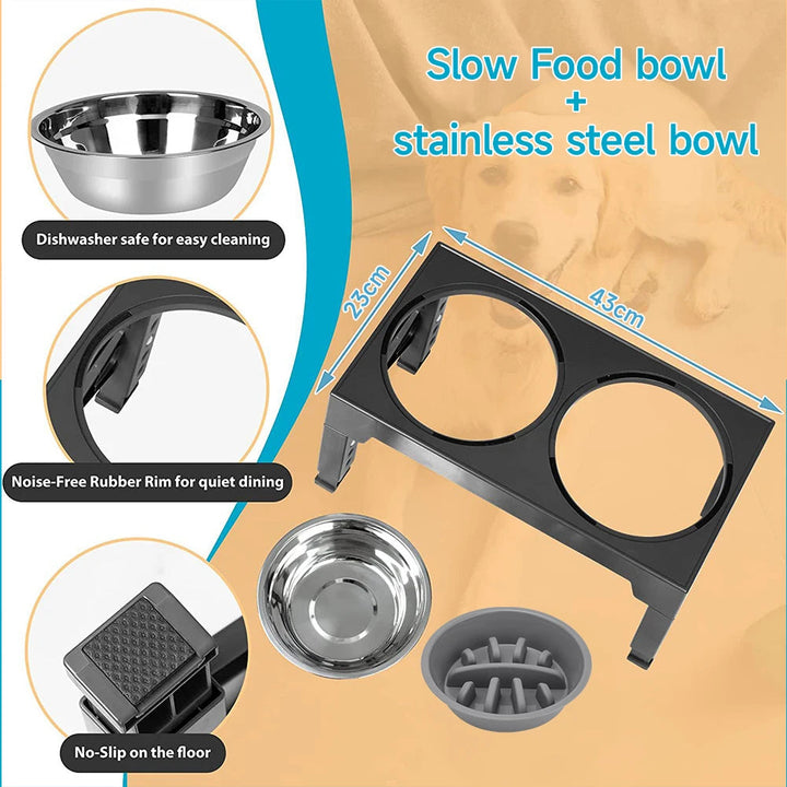 "Adjustable tilt raised dog bowl stand with stainless and slow-feed bowls, ergonomic design for comfortable pet feeding."